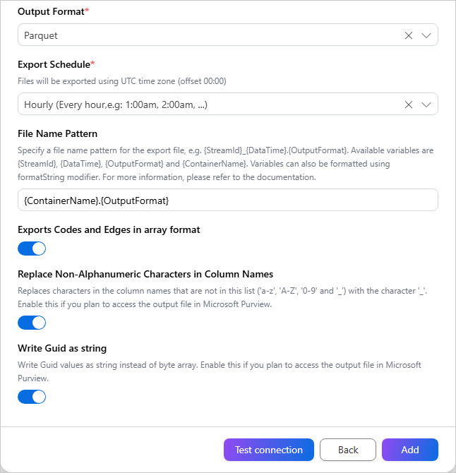 Lower part of the Configure tab with Output Format Parquet, Export Schedule Hourly, File Name Pattern, the three Parquet toggles on, and the Test connection and Add buttons