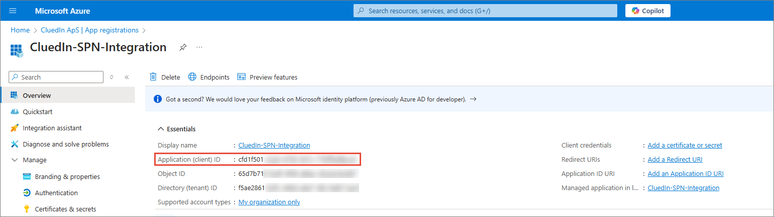 Azure app registration Overview page with the Application (client) ID highlighted in Essentials