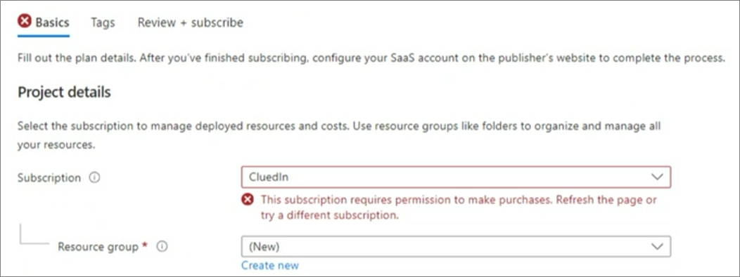Basics tab error under Subscription: This subscription requires permission to make purchases