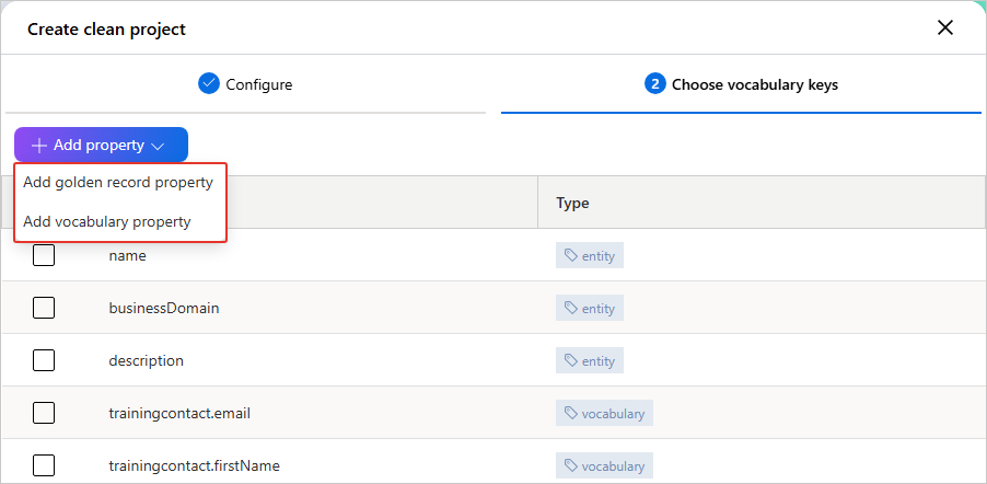 The Add property dropdown on the Choose vocabulary keys tab, offering Add golden record property and Add vocabulary property