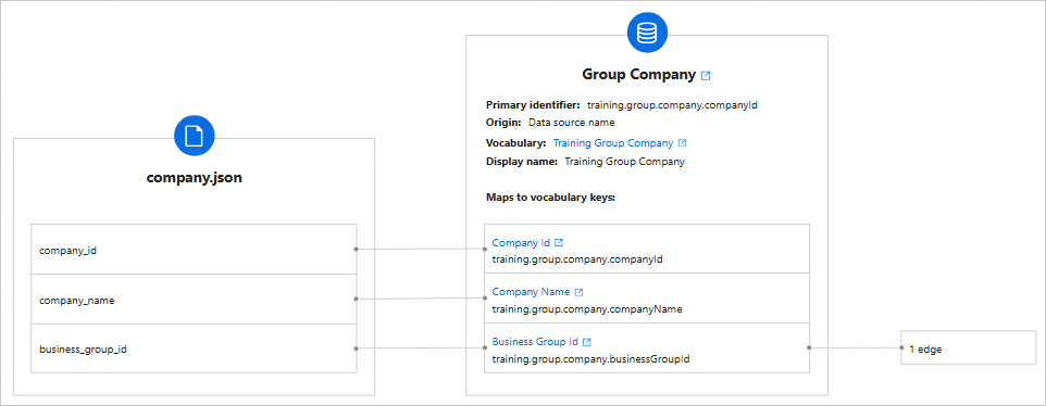 Mapping of company.json columns company_id, company_name, and business_group_id to the Group Company business domain, with business_group_id creating 1 edge