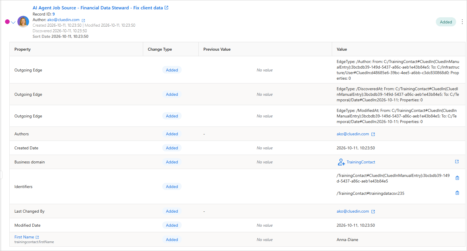 Expanded AI Agent Job Source record on the History tab, listing each changed property with its change type, previous value and new value