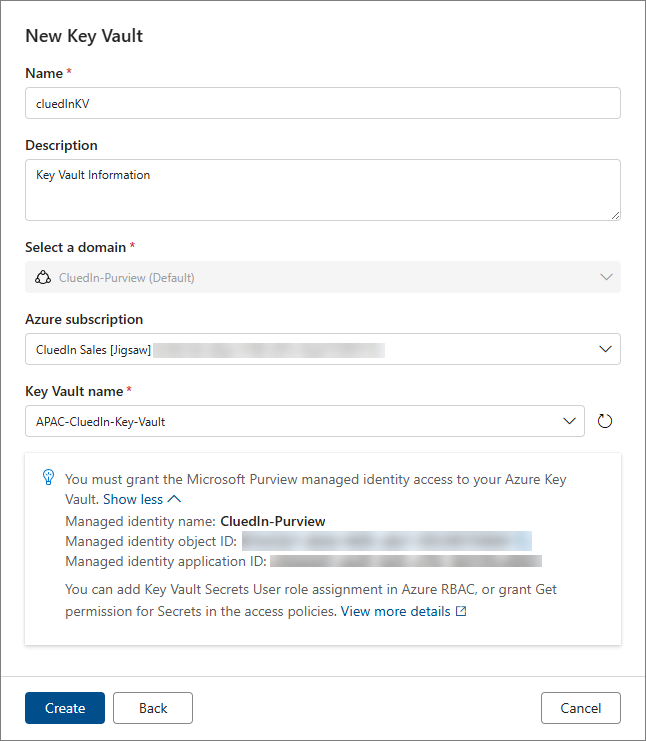The New Key Vault pane with a name, description, Azure subscription and the Key Vault name APAC-CluedIn-Key-Vault selected