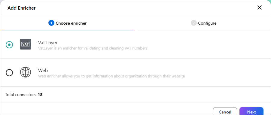 The Add Enricher dialog on the Choose enricher tab, with Vat Layer selected